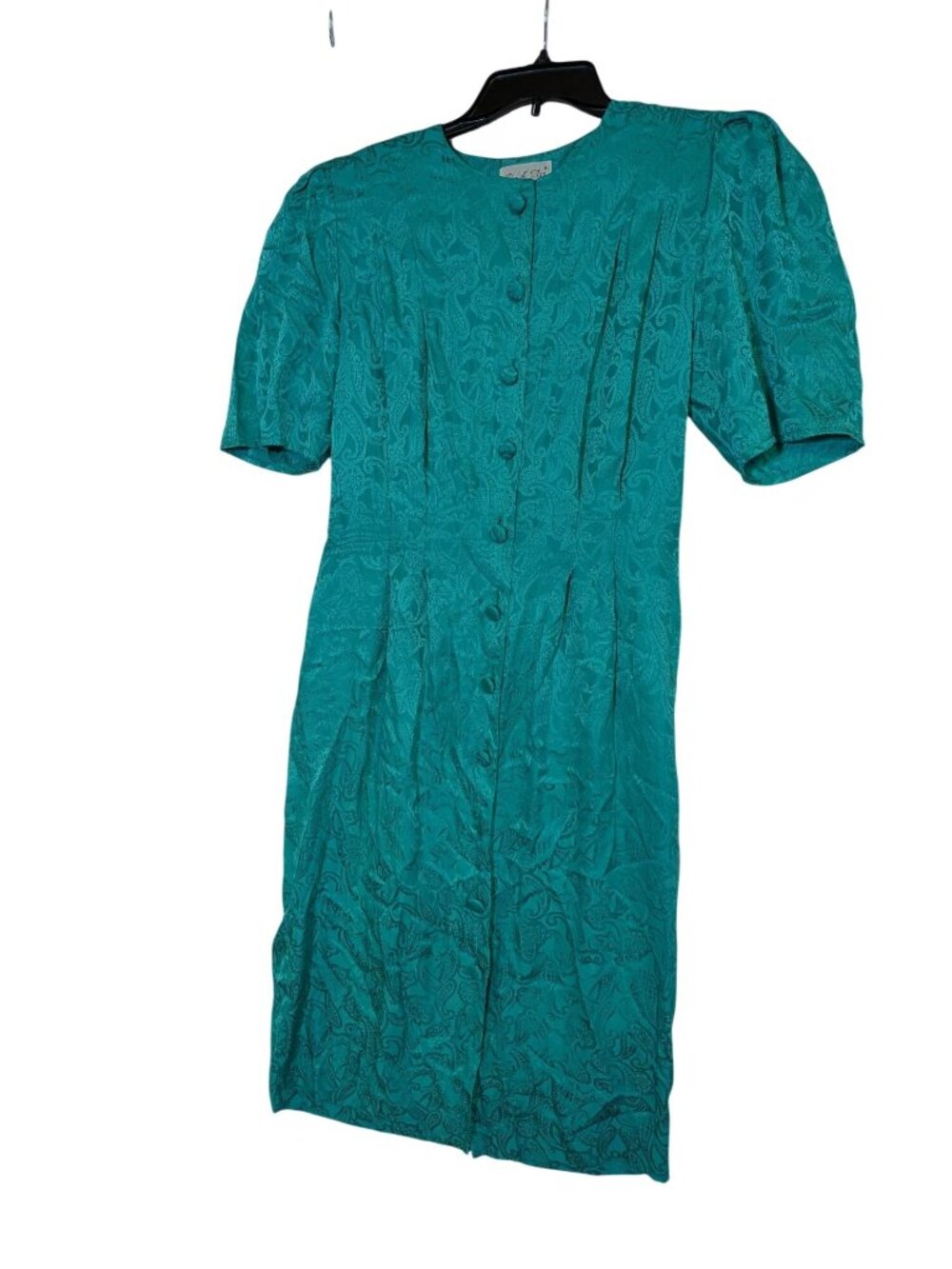 Papell Too Teal Silk Paisley Puff Sleeve Button-Front Dress Size 12 Vintage Eleg